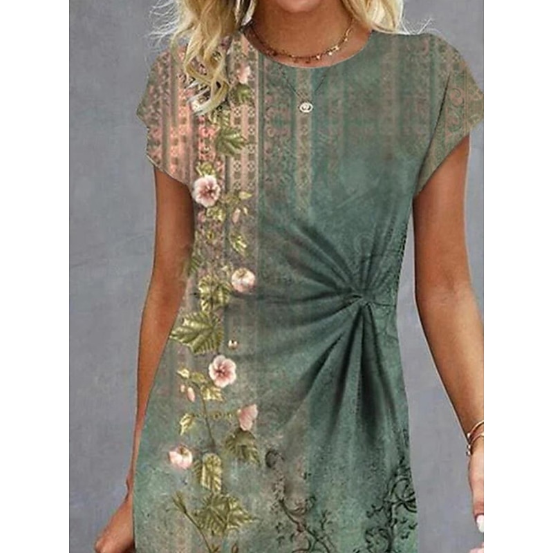 Women's Midi Dress Floral Dress Summer Dress Print Dress Fashion Streetwear Modern Outdoor Vacation Street Regular Fit Floral Short Sleeve Crew Neck Blue Green Summer Spring2