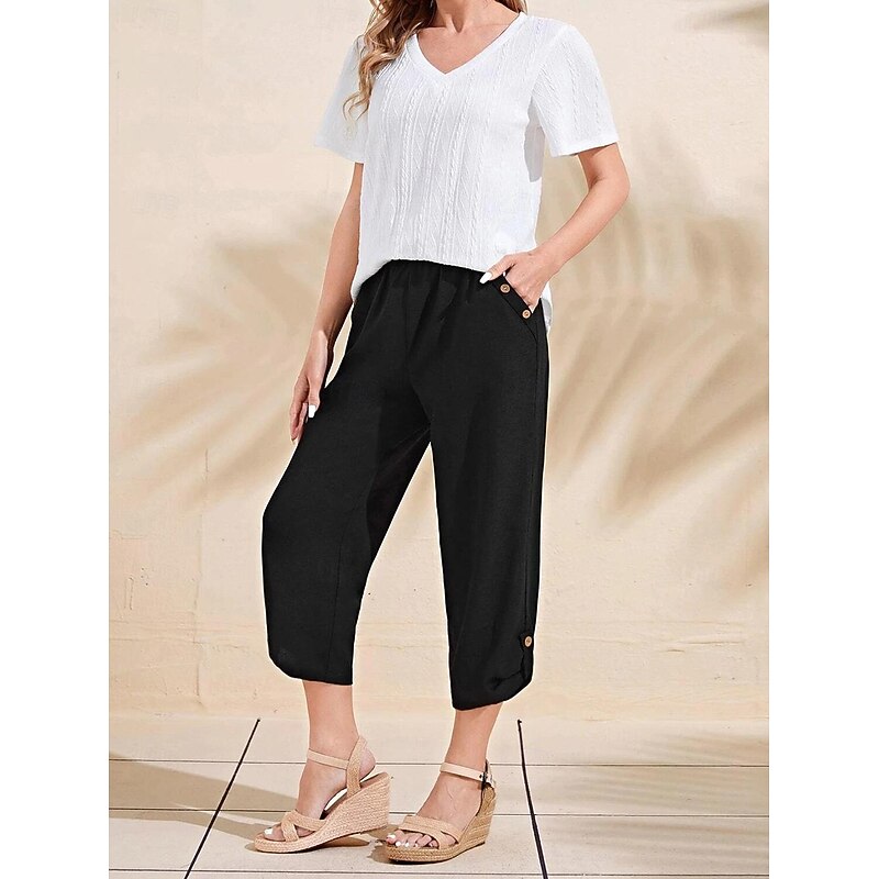 Women's Capri shorts Casual Daily Calf-Length Plain Side Pockets Breathability Comfortable Inelastic Weekend Black Summer Regular Fit 5