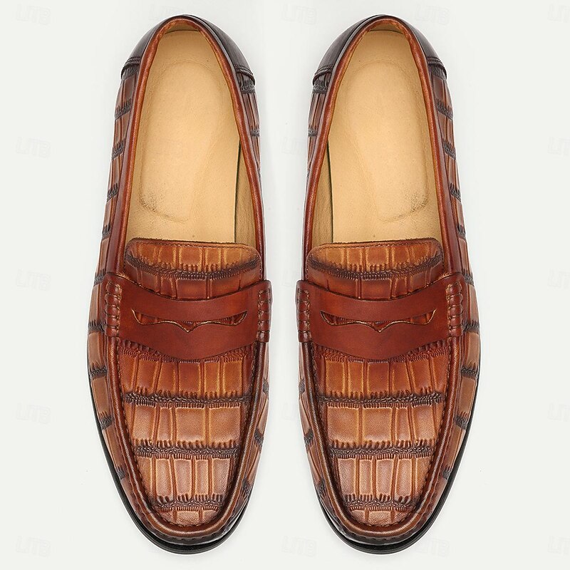 Men's Premium Cowhide Leather Crocodile Pattern Penny Loafers - Classic Slip-On Dress Shoes4