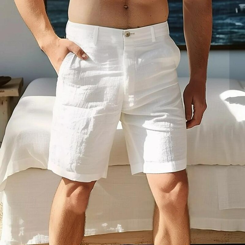 Men's Shorts Linen Shorts Dress Shorts Summer Shorts Zipper Pocket Buttons Plain Comfort Soft Knee Length Outdoor Daily Going out Fashion Streetwear White Sky Blue3
