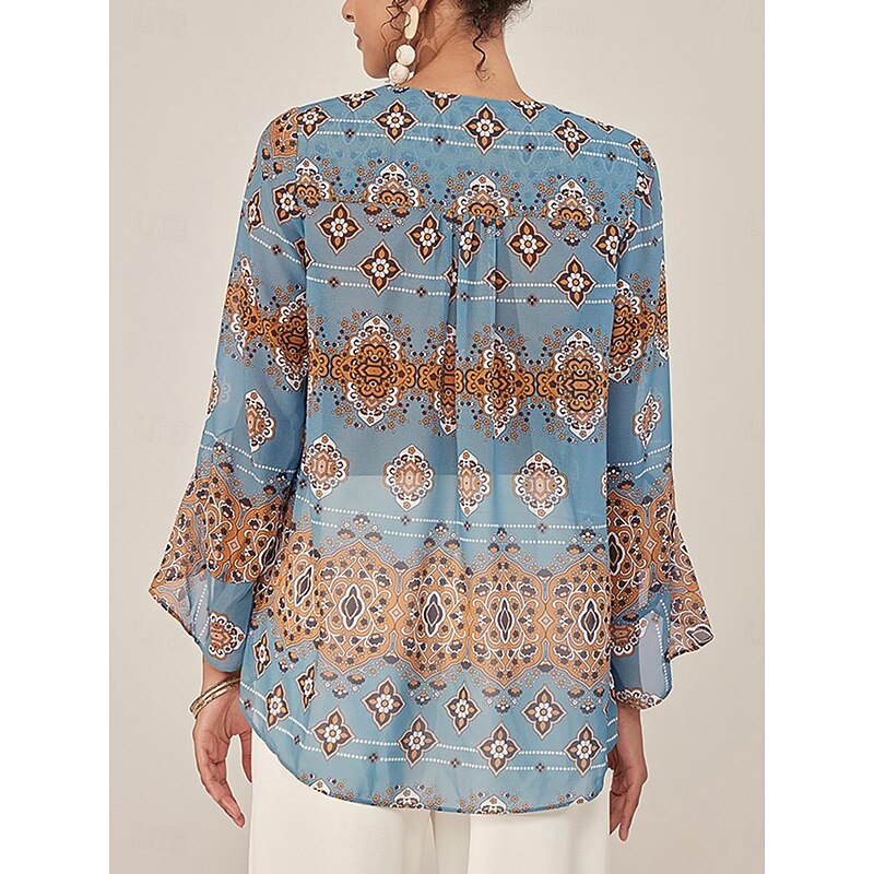 Women's Blouse Graphic Elegant 3/4 Length Sleeve Bell Sleeve V Neck Regular Tops Work Ruffle Blue Summer Spring Fall3