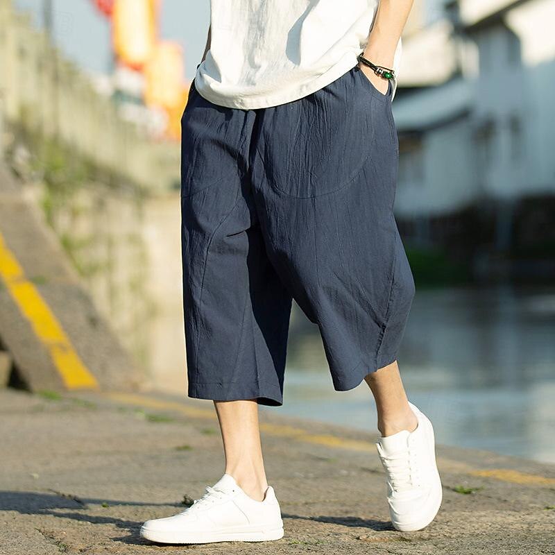 Men's Linen Pants Capri Pants Summer Pants Beach Pants Pocket Drawstring Elastic Waist Plain Comfort Breathable Calf-Length Vacation Daily Holiday Hawaiian Boho Black White4
