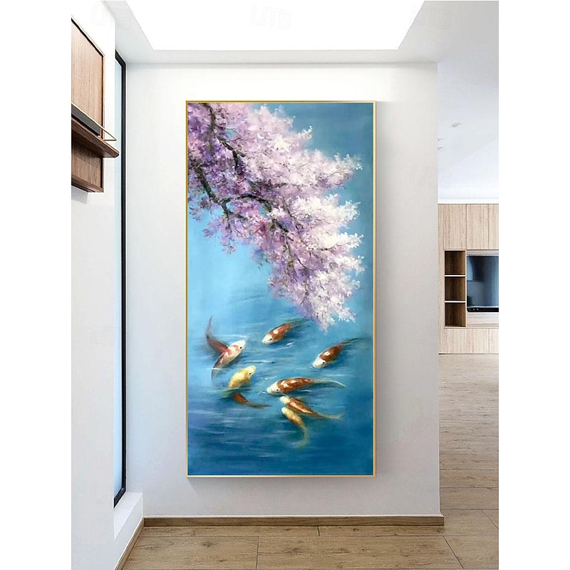 Koi Fish Abstract Oil Painting Fish Original Fine Art Hand painted Goldfish Oil Artwork Animals Cherry blossoms Wall Art Decor For Home Gifts for Her Rolled Canvas (No Frame)4