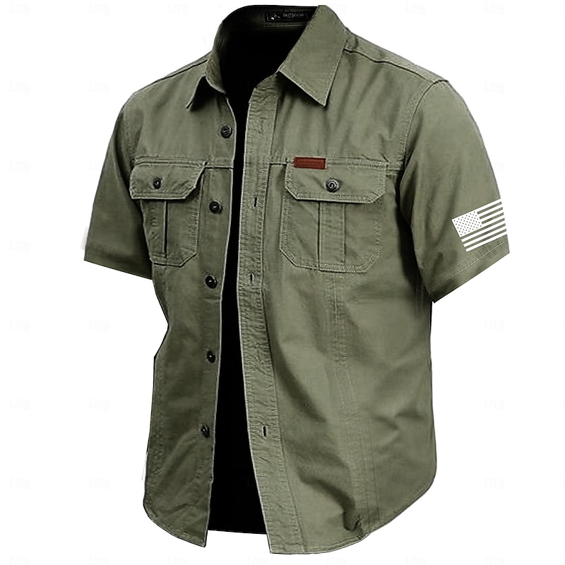 Men's Solid Color Work Shirt Western Shirt Cargo Shirt Short Sleeve Casual Tactical Vacation Daily Going out Summer Turndown Lapel Pocket Army Green off-white Khaki Dark Blue