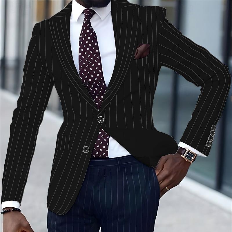 Men's Graduation Blazer Business Cocktail Party Wedding Party Fashion Casual Spring &  Fall Polyester Stripes Pocket Buttons Comfortable Single Breasted Blazer Black White Yellow Pink2
