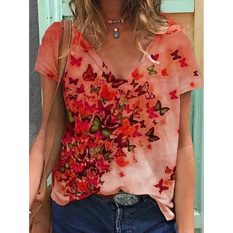 Women's T Shirt Floral Butterfly Fashion Modern Short Sleeve V Neck Regular Tops Vacation Daily Yellow Pink Blue Khaki Summer4