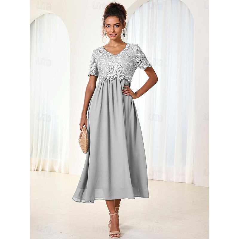 Women's Wedding Guest Cocktail Dress Maxi Dress Contrast Lace Party Elegant Formal V Neck Short Sleeve Pink Green Gray Color 15