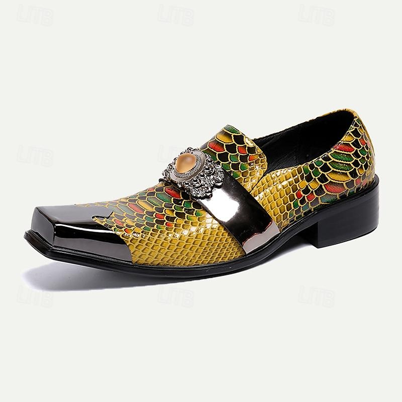Men's Premium Cowhide Leather Punk Style Loafers - Snake Pattern Slip-On Dress Shoes with Decorative Buckle and Metal Toe Cap4