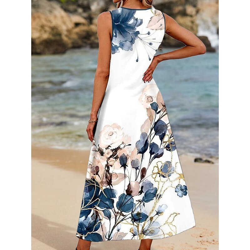 Women's Maxi Dress Sundress Tank Dress Summer Dress Casual Vacation Party Casual Loose Fit Floral Sleeveless Crew Neck Navy Blue Summer2