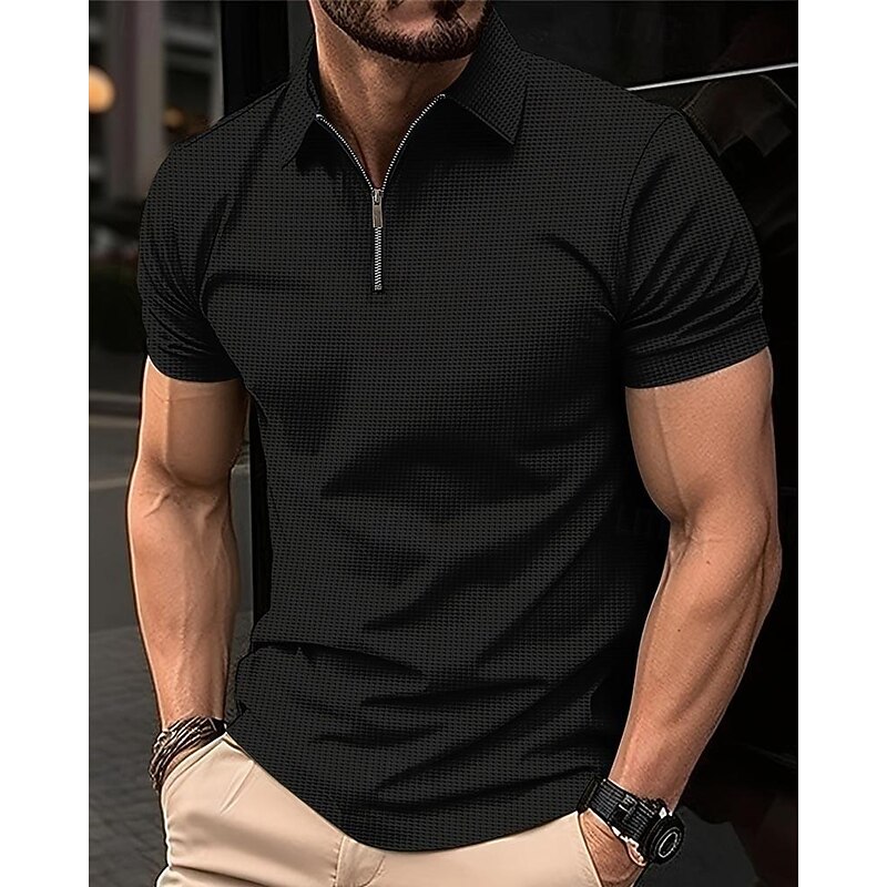 Men's Waffle Polo Shirt Quarter Zip Polo Daily Holiday Turndown Short Sleeve Fashion Basic Plain Spring & Summer Regular Fit Black White Blue Khaki Waffle Polo Shirt4