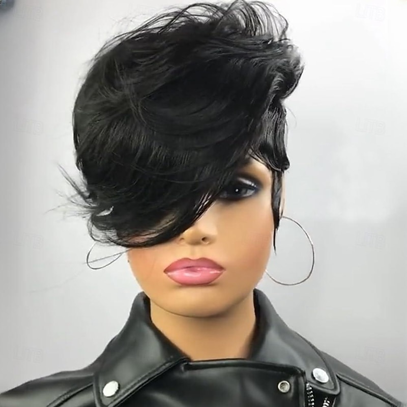 Pixie Cut Wigs for Black Women Human Hair Glueless Bob Wig Short Human Hair Wig Layered None Lace Front Wig with Bangs