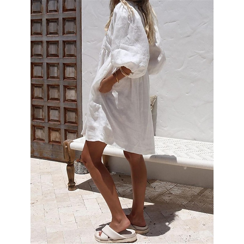 Women's Mini Dress White Dress Cotton Linen Dresses Black Dress Casual Dress Basic Modern Daily Weekend Loose Fit Plain 3/4 Length Sleeve V Neck Black White Rose Red Summer Spring2