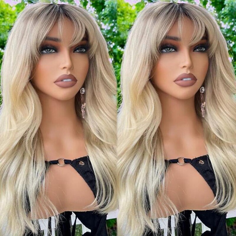 Remy Human Hair 13x4 Lace Front Wig With Bangs Vietnamese Hair Wavy Blonde Multi-color Wig 130% 150% Density Ombre Hair Natural Hairline 100% Virgin Glueless For Women Long Human Hair Lace Wig3