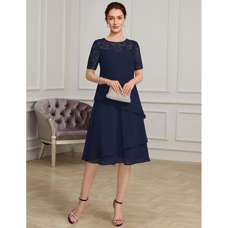 A-Line Mother of the Bride Dress Formal Elegant Jewel Neck Tea Length Chiffon Short Sleeve with Lace - Main Image