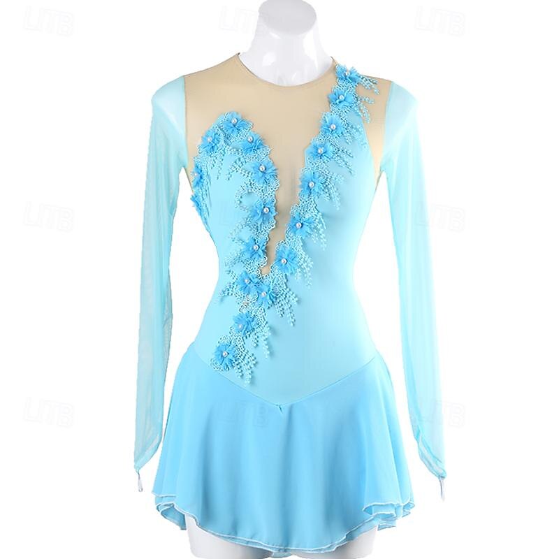 Figure Skating Dress Women's Girls' Ice Skating Dress Lake Blue Patchwork Open Back Mesh Spandex High Elasticity Training Practice Professional Skating Wear Classic Long Sleeve Ice Skating Figure2