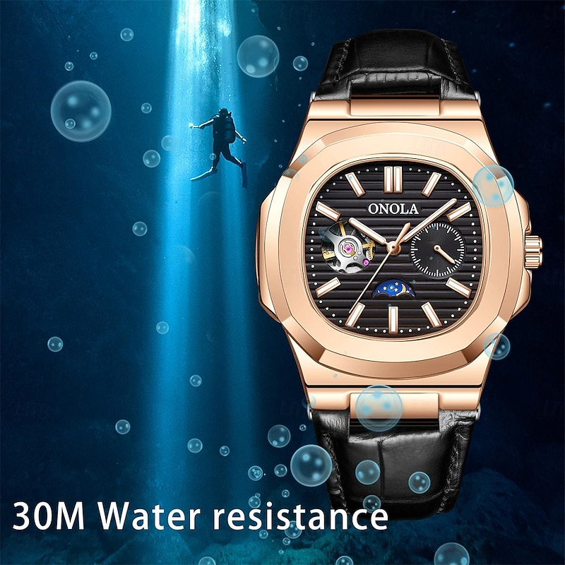 ONOLA Men Mechanical Watch Fashion Business Wristwatch Automatic Self-winding Moon phase Luminous Waterproof Leather Watch2