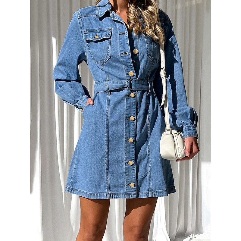 Women's Denim Dress Shirt Dress Mini Dress Date Vacation Denim Basic Modern Shirt Collar Button Pocket Long Sleeve Summer Spring Regular Fit Plain