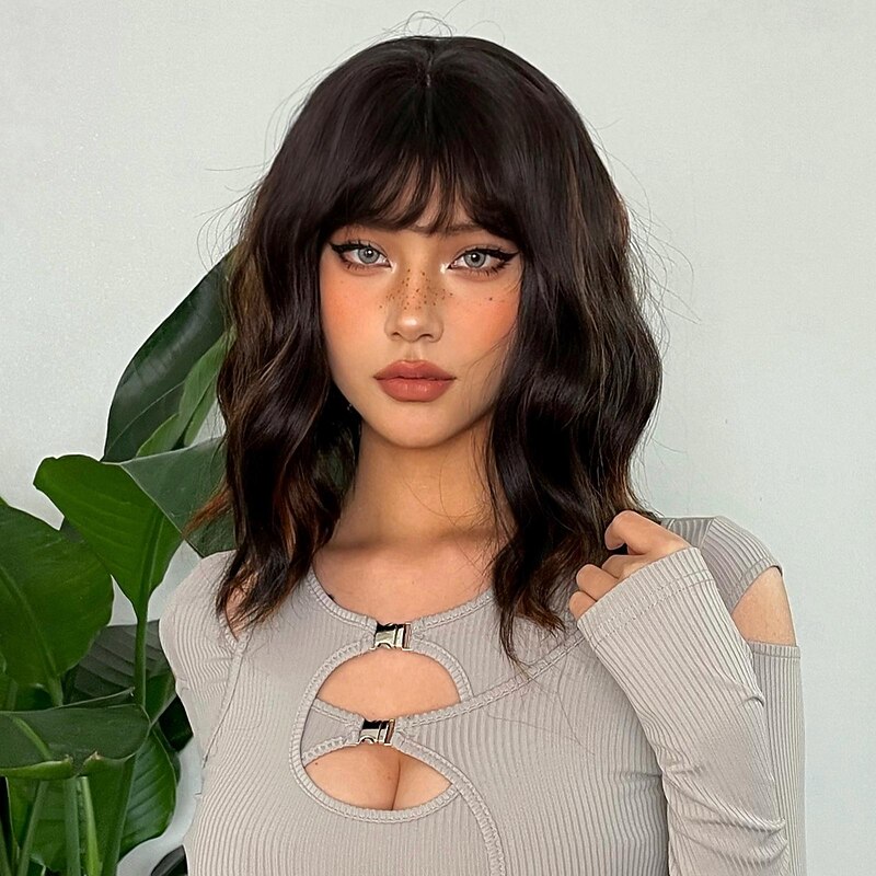 Synthetic Wig Uniforms Career Costumes Princess Curly Wavy Middle Part Layered Haircut Machine Made Wig 14 inch Black / Brown Synthetic Hair Women's Cosplay Party Fashion Natural Black3