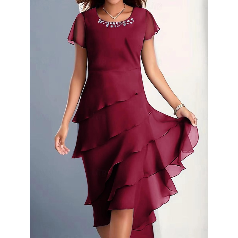 Women's Midi Dress Cocktail Dress Wedding Guest Dress Chiffon Dress Plain Dress Elegant Formal Wedding Guest Cocktail Party Regular Fit Short Sleeve Crew Neck Wine Blue Camel Green Summer2