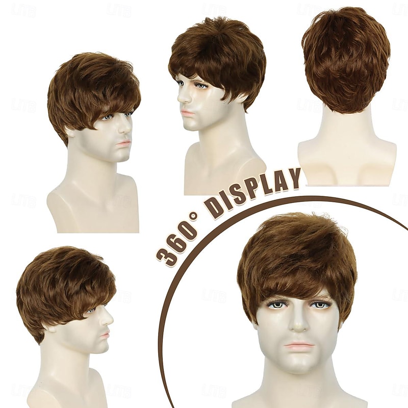Mens Wig, Short Brown Wig for Men Layered Natural Fluffy Synthetic Hair Wig Heat Resistant Halloween Cosplay Wig4