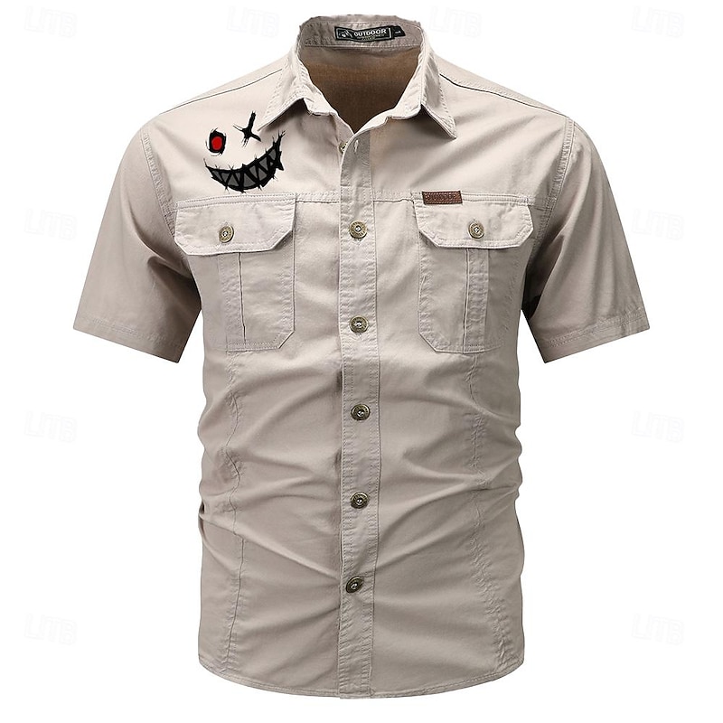 Men's Smile Face Work Shirt Western Shirt Cargo Shirt Short Sleeve Casual Tactical Going out Summer Spring Autumn Turndown Buttons Print Black Green Dark Blue Beige Gray3