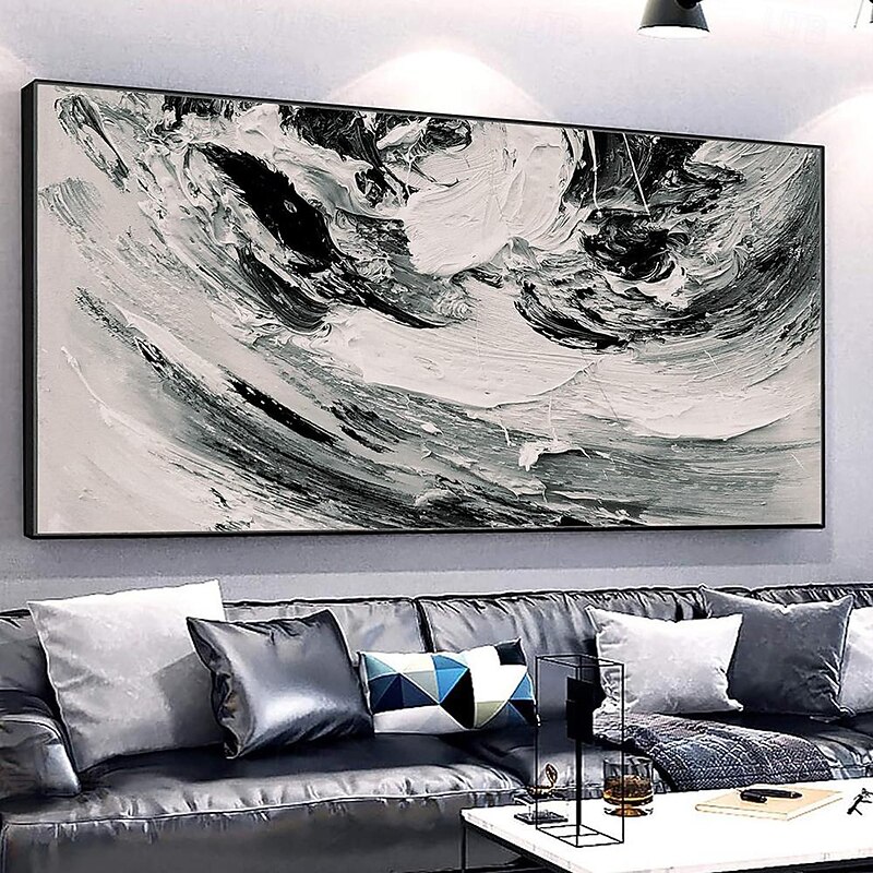 Handmade Oil Painting Canvas Wall Art Decoration Modern Simple Abstract Texture Black White for Living Room Home Decor Rolled Frameless Unstretched Painting2
