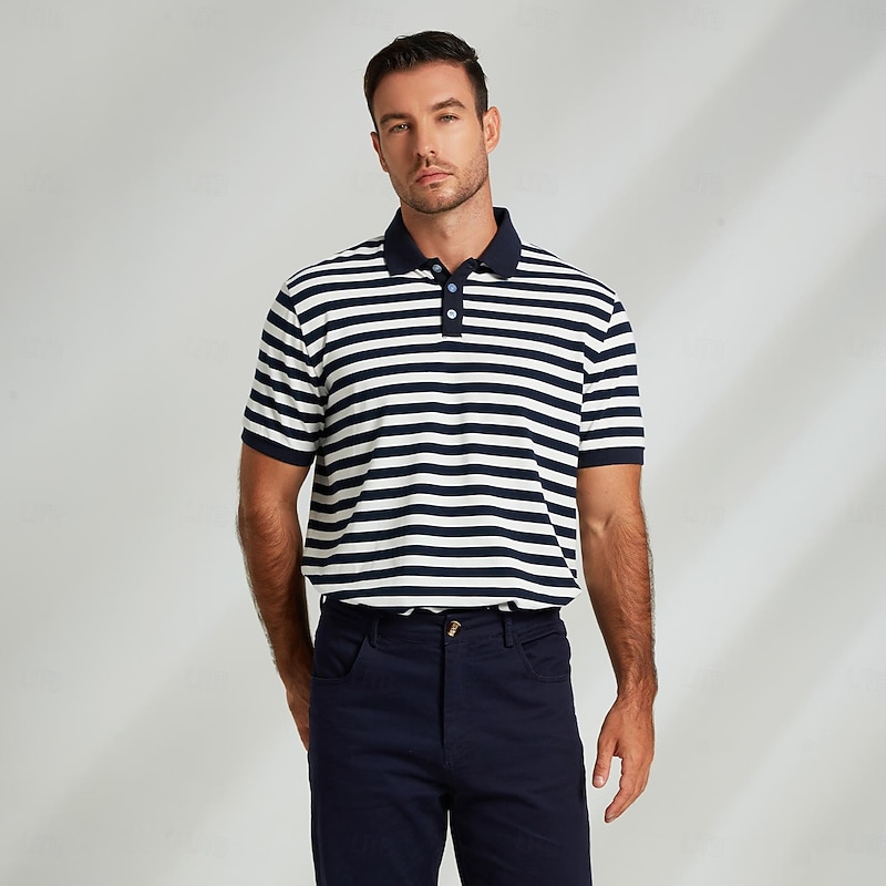 Men's Polo Knit Polo Sweater Business Casual Lapel Short Sleeve Modern Formal Striped Horizontal Stripes Button Summer Navy Blue Polo3