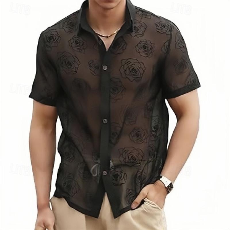 Men's Shirt Summer Shirt Mesh Shirt Sheer Shirt Sheer Blouse Black Short Sleeve Rose Plain Turndown Vacation Hawaiian Mesh Clothing Apparel Polyester Fashion Casual Comfortable