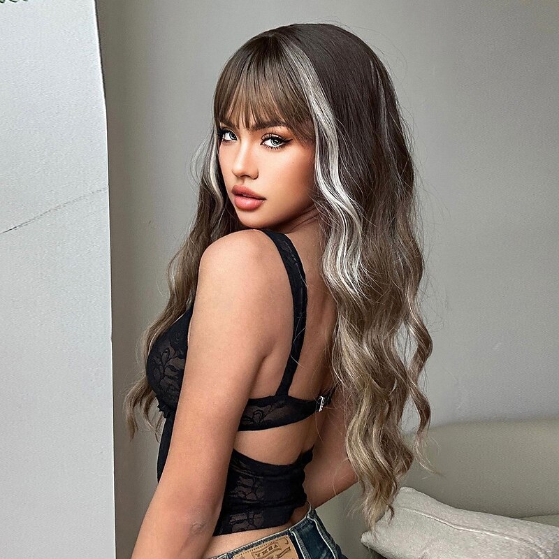 Synthetic Wig Uniforms Career Costumes Princess Curly Wavy Middle Part Layered Haircut Machine Made Wig 26 inch sepia Synthetic Hair Women's Cosplay Party Fashion Brown4