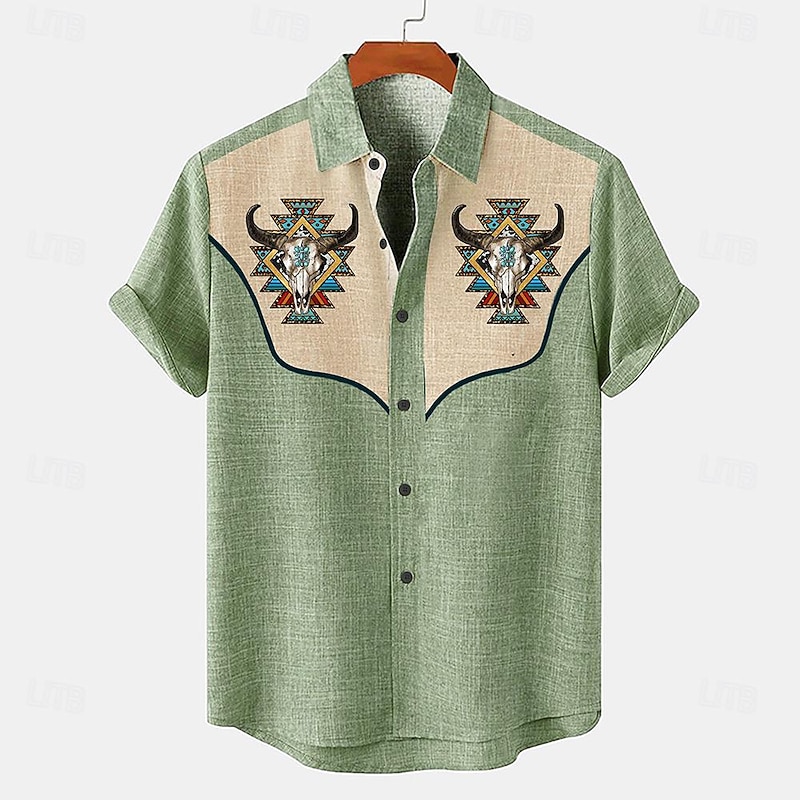 Men's Shirt Linen Shirt Retro Shirts Vintage Shirt Ethnic Shirt Western Work Causal Blue Green khaki Short Sleeve Turndown Summer Spring Clothing Apparel 5