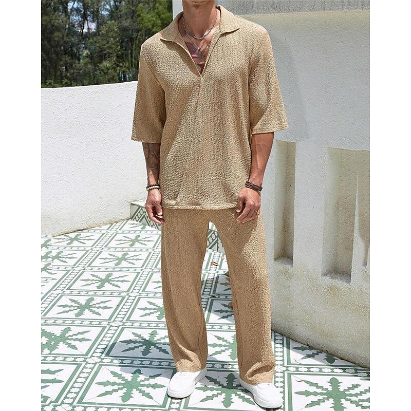 Men's T-shirt Suits 2 Pieces Outfits Tee & Shorts Short Sleeve Turndown Summer Plain Fashion Casual 2 Piece Vacation Daily Wear Going out Black Blue Brown Top Tee for Men3