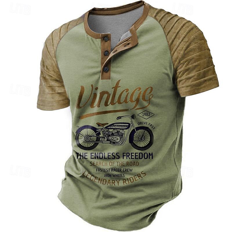 Men's Motorcycle T shirt Short Sleeve 3D Print Retro Vintage Party Street Summer Spring Brown Green Henley Collar Henley T-Shirt4