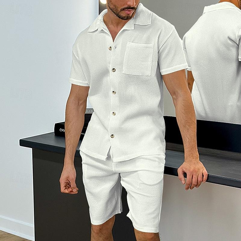 Men's T-shirt Suits 2 Pieces Outfits Tee & Shorts Short Sleeve Turndown Summer Plain Fashion Casual 2 Piece Vacation Daily Wear Going out Black White Blue Top Tee for Men2