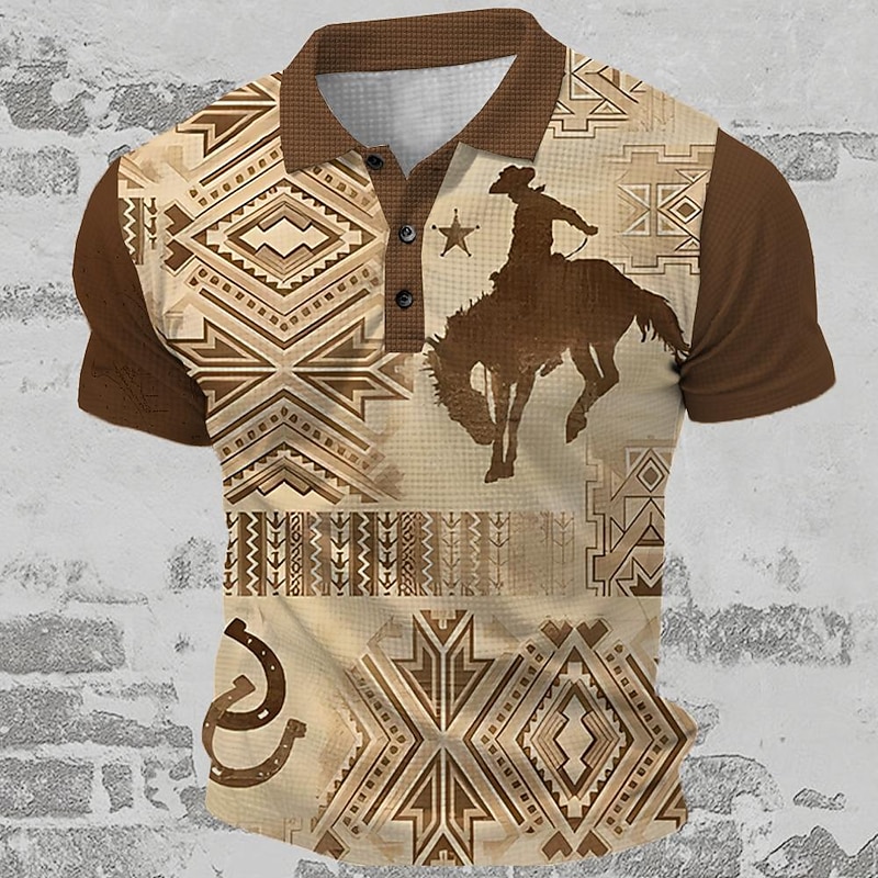 Men's Western Wear Waffle Polo Shirts Golf Shirt Short Sleeve Polo Shirts Collared Shirts Vintage Casual Vacation Wear Party Outfits Buttons 3D Print Summer Spring Blue Brown Gray4