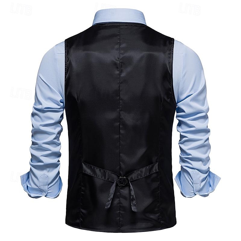 Men's Vest Gilet Business Casual Wedding Party Dress Comfortable Spring, Fall, Winter, Summer Polyester 95% Polyester 5% Spandex Plaid / Check Buttoned Front V Neck Regular Fit Black Khaki Gray Vest3