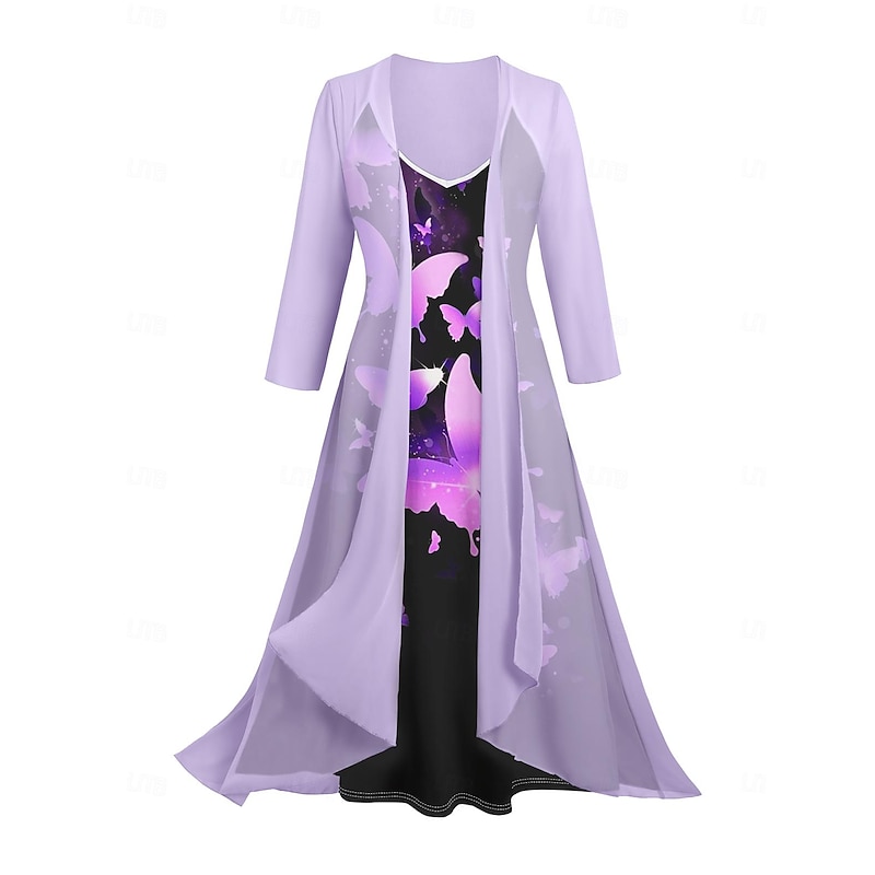 Women's Dress Set Casual Dress Print Dress Fashion Casual Floral Print Midi Dress 3/4 Length Sleeve V Neck Outdoor Vacation Black White Purple Summer Spring Loose Fit2