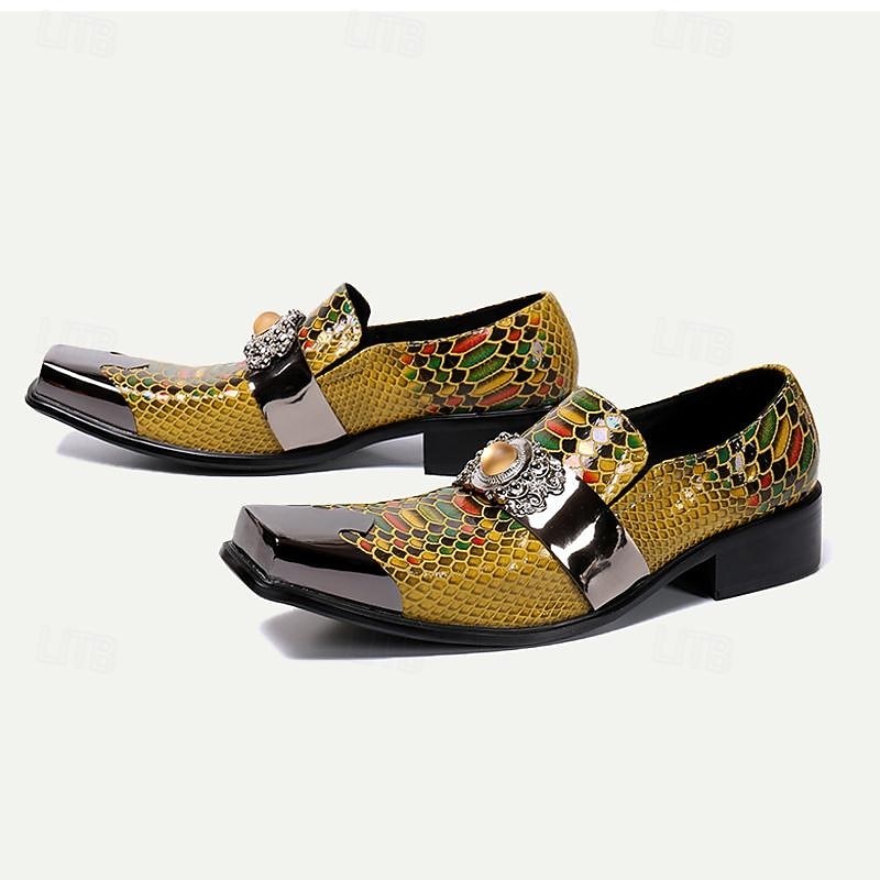 Men's Premium Cowhide Leather Punk Style Loafers - Snake Pattern Slip-On Dress Shoes with Decorative Buckle and Metal Toe Cap2