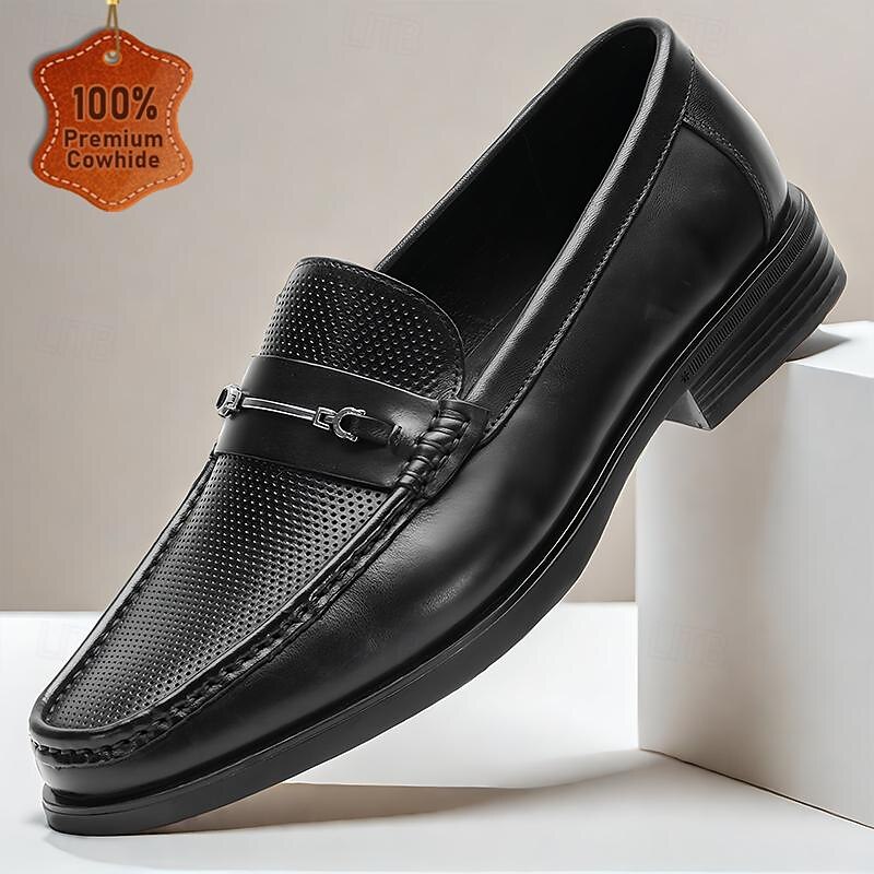 Men's Black Perforated Leather Dress Loafers with Braided Detail - Elegant Office Footwear