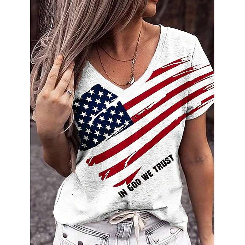 Women's Patriotic  T Shirt Casual American Flag Red White And Blue Short Sleeve Regular Tops V Neck Daily White Summer4