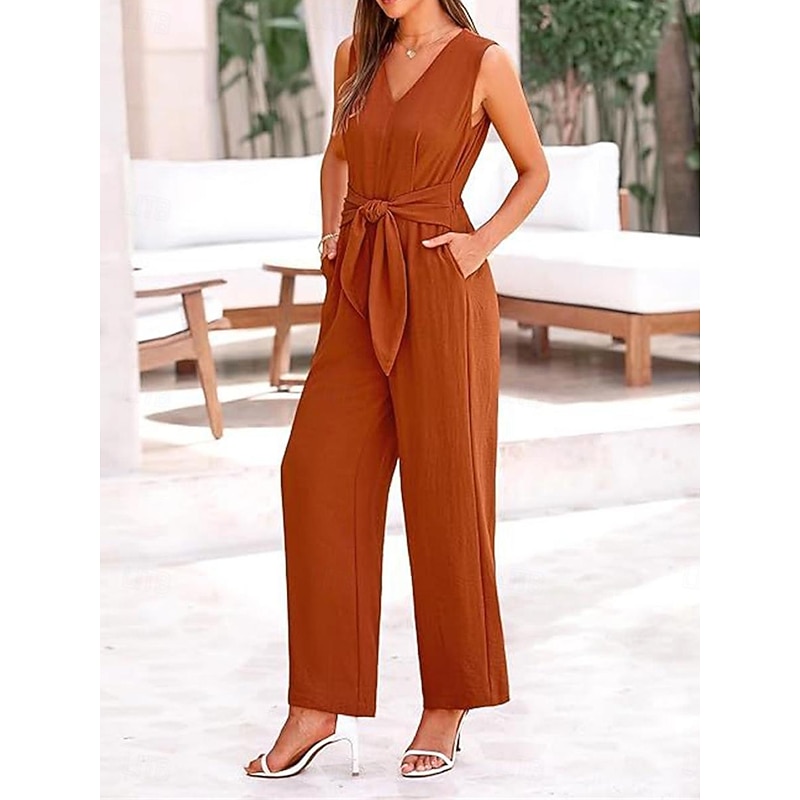 Women's Normal Jumpsuit Elegant Solid Color Sleeveless V Neck Lace up Pocket Office Business Regular Fit Black Wine Army Green Summer3