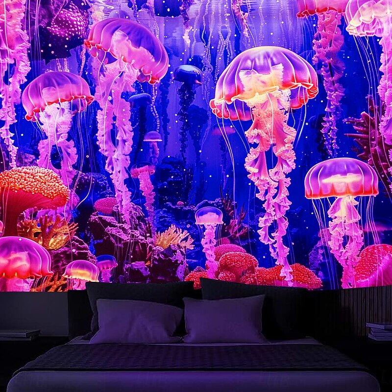 Blacklight Tapestry UV Reactive Glow in the Dark Glow Party Neon Jellyfish Fantasy Undersea Nature Psychedelic Trippy Misty Hanging Tapestry Wall Art Mural for Living Room Bedroom2