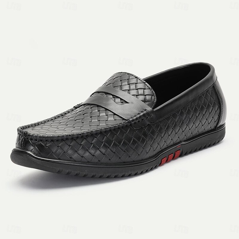 Men's Woven Leather Slip-On Loafers - Stylish Black Casual Driving Shoes2