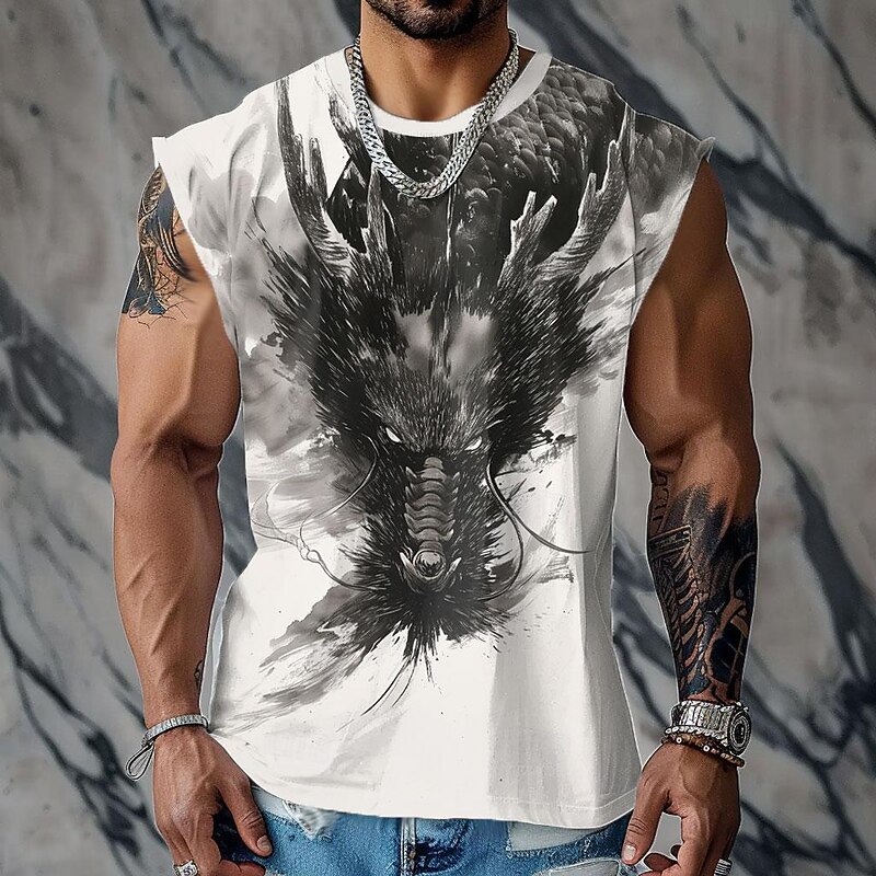 Men's Dragon Vest Top Sleeveless T shirt 3D Print Crew Neck Shirt Sports Retro Vintage Gothic Party Street Casual White Beige Summer Spring Clothing Apparel S M L XL XXL XXXL4