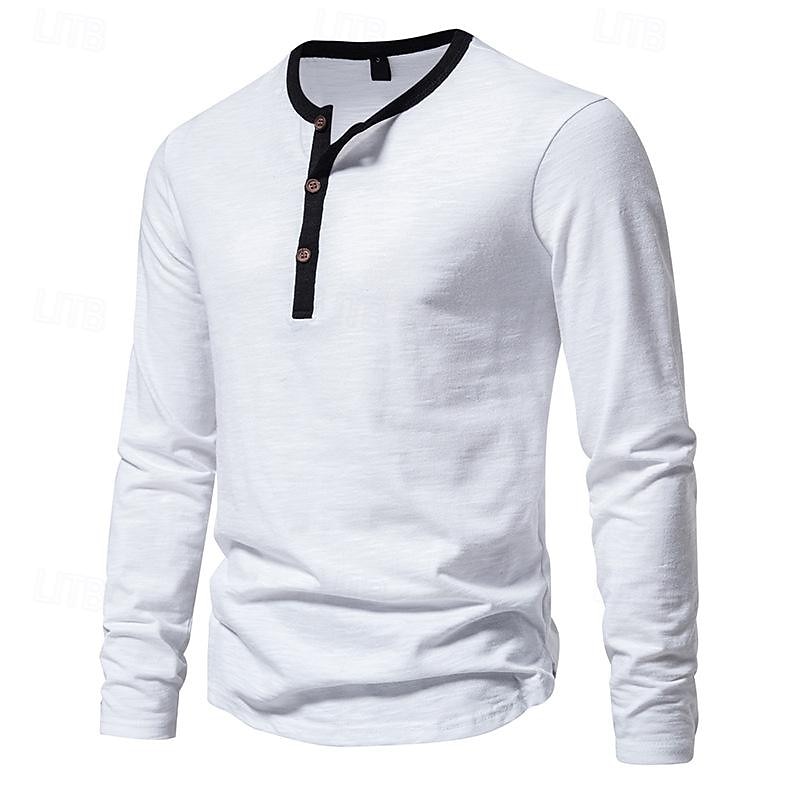 Men's Button T Shirt T Shirt Henley Shirt Tee Long Sleeve Henley Spring &  Fall Plain Fashion Designer Basic Vacation Street Going out Black White Khaki Top Tee for Men2