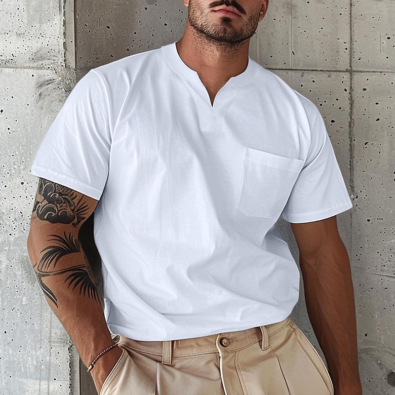 Men's T Shirt Tee Top Short Sleeve V Neck Summer Plain Fashion Designer Basic Buttons Front Pocket Vacation Going out Casual Daily Light Blue Army Green Navy Top Tee for Men