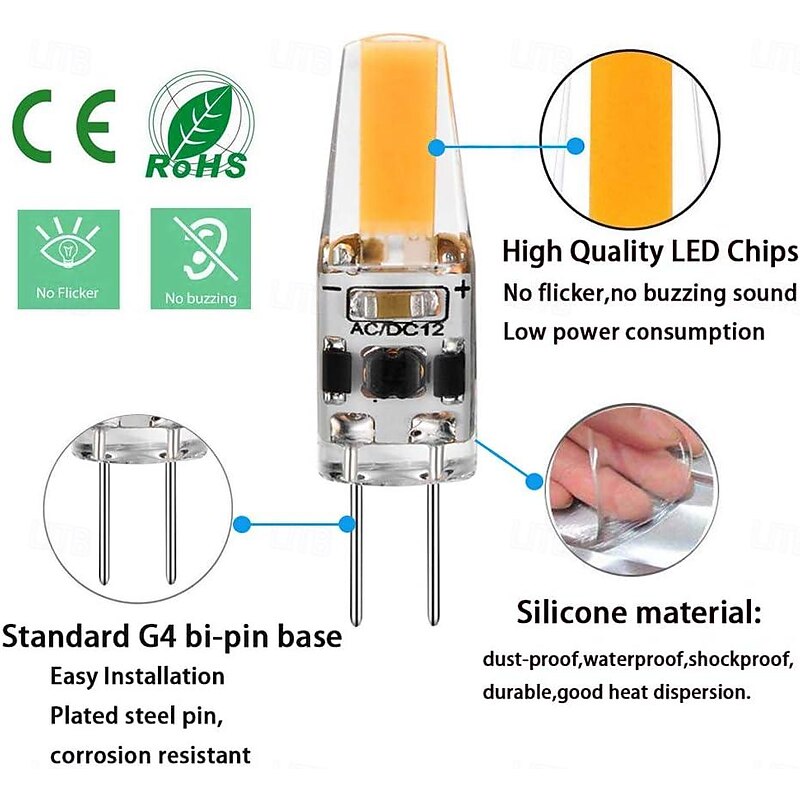 10pcs G4 LED Bi-pin Bulbs 2W Equivalent to 20W T3 JC Type Bi-Pin G4 Base Halogen Bulb AC/DC 12V Daylight White 6000K G4 Bulb for Under Cabinet Light Ceiling Light RV Boats Outdoor Landscape Lighting2