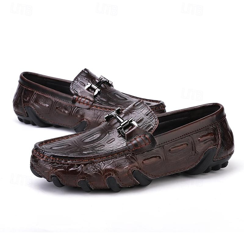 Men's Crocodile Pattern Leather Loafers - Luxury Slip-On Dress Shoes with Metal Buckle for Formal and Casual Wear3