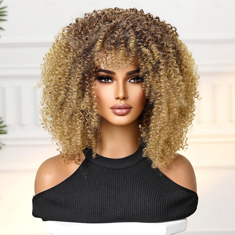 Synthetic Wig Uniforms Career Costumes Princess Curly Tight Curl Middle Part Layered Haircut Machine Made Wig 14 inch Light Brown Synthetic Hair Women's Cosplay Party Fashion Light Brown2