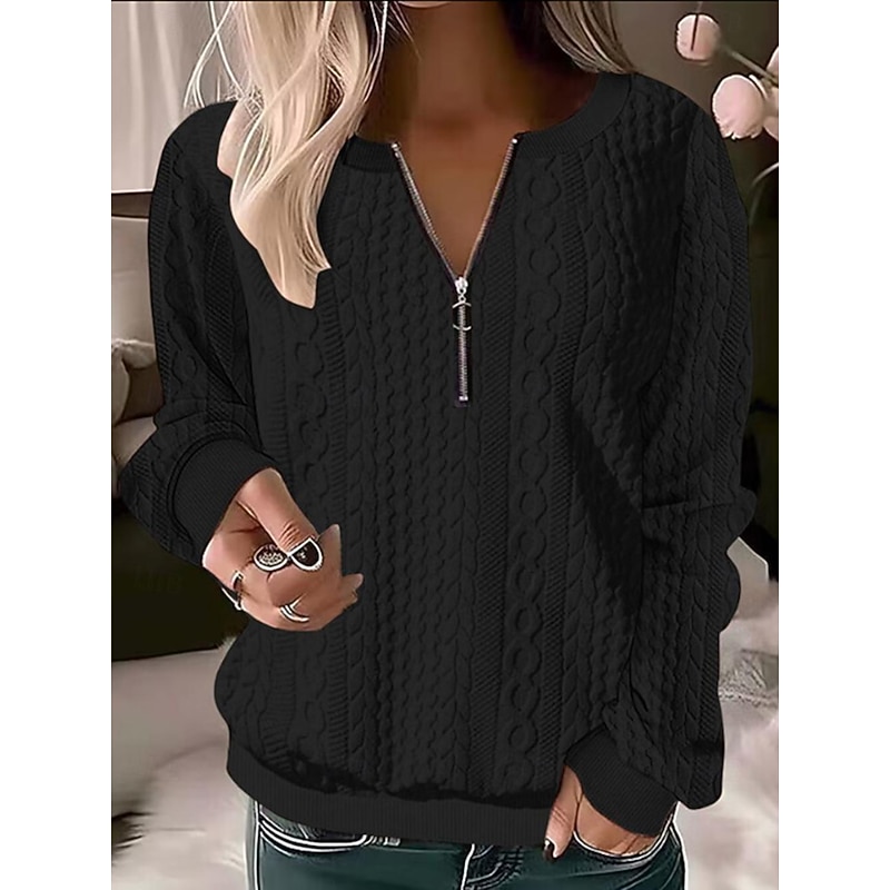 Women's Sweatshirt Pullover Casual Textured Plain Dailywear Crew Neck Quarter Zip Long Sleeve Black White Red Gray Fall & Winter3