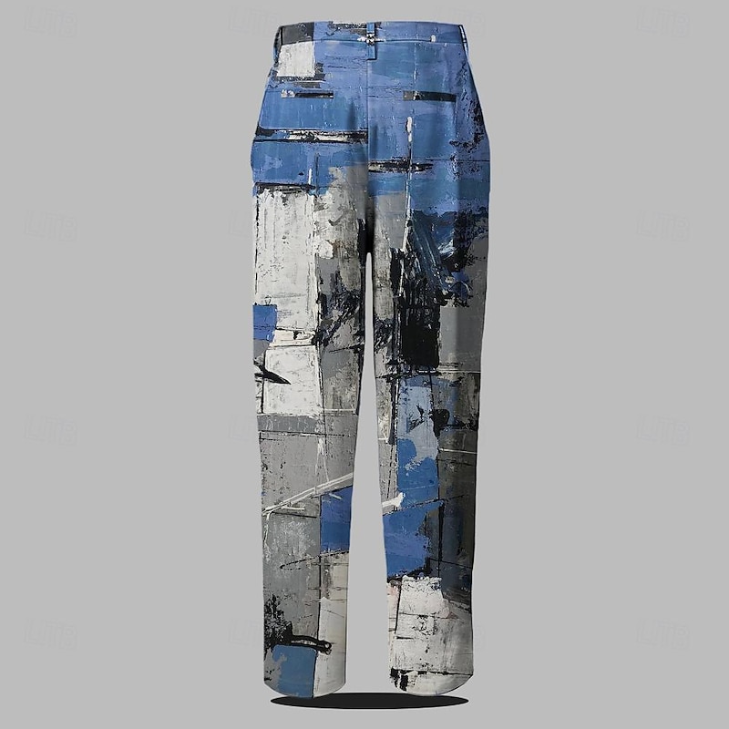 Men's Plaid Color Block Patchwork Dress Pants Mid Waist Formal Casual 3D Print Summer Spring Fall & Winter Blue2